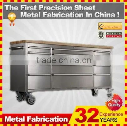 46 in. 9 drawer stainless steel mobile tool cabinet with solid wood top, black