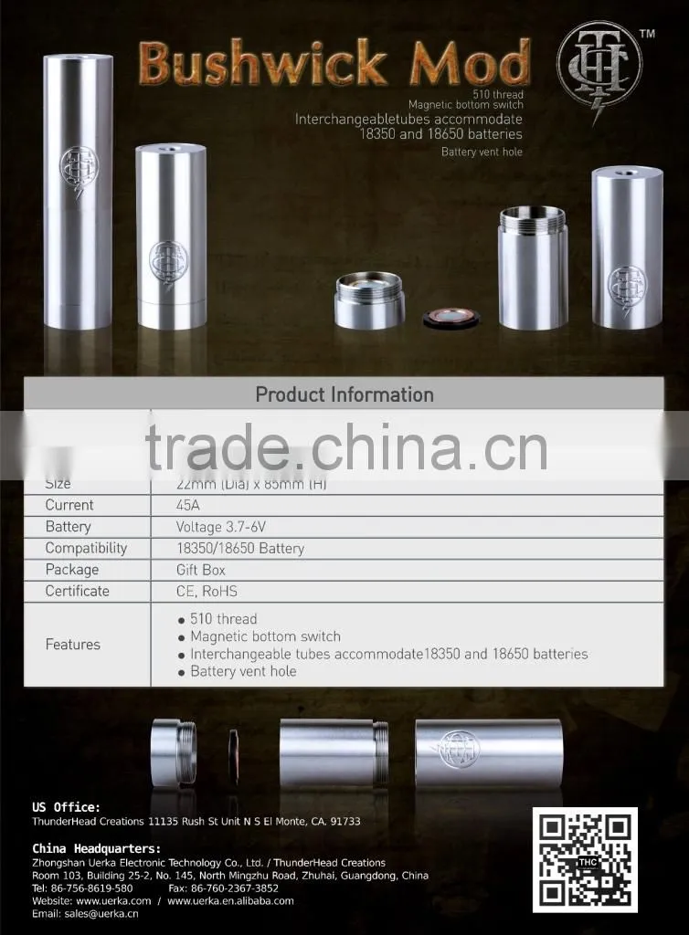 Alibaba supplier US brand THC e cig bushwick mod 18350 18650 mechanical mod vape