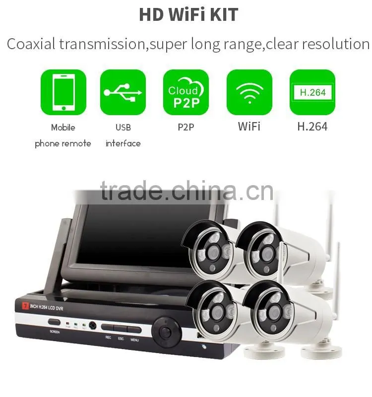 Vitevison H.264 wifi NVR Kit 4 Channel HD Wireless Outdoor Camera Security System with 7 inch Display Screen
