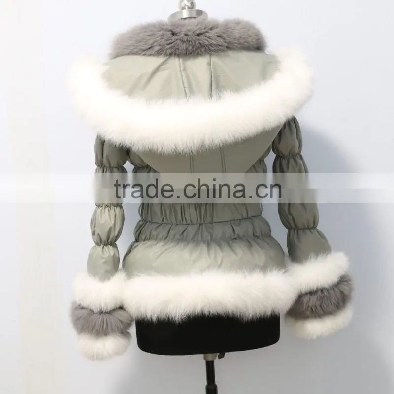 belin fashion down jacket with fox fur trim /down garment with fur hood