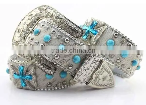 Cowgirl purple rhinestone cross crystal studded western leather hair belts