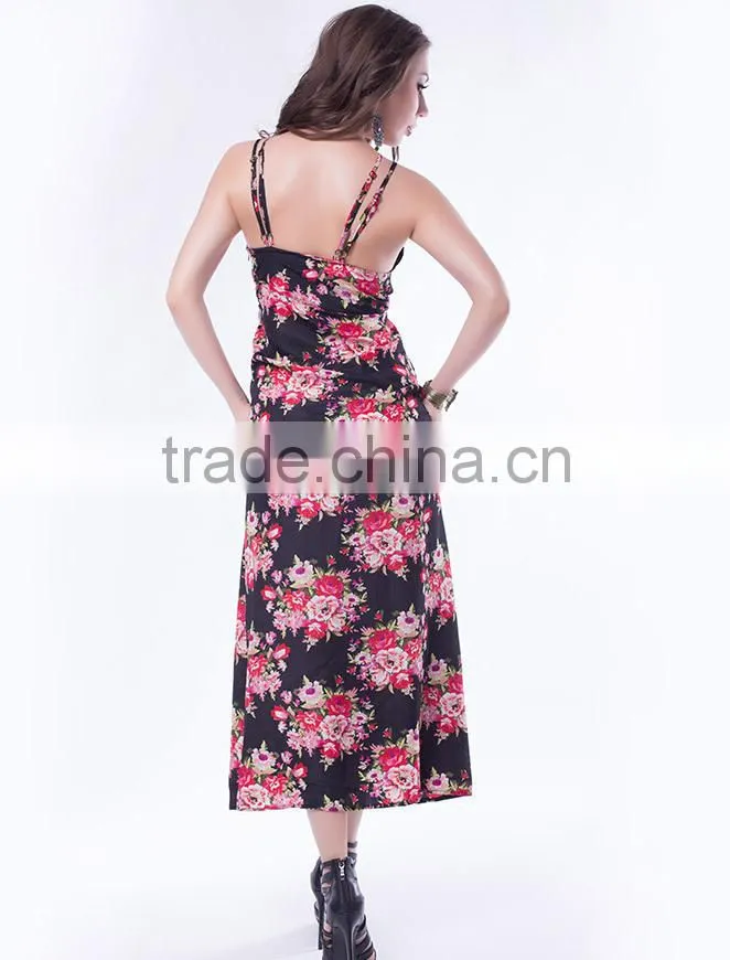 Beautiful floral pattern front strap halter neck korean fashion summer long dress