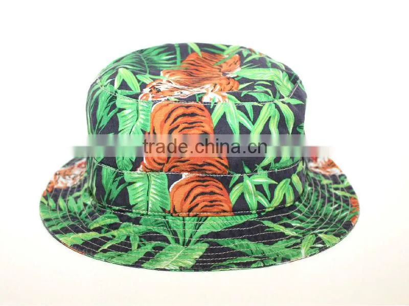 full printed cheap bucket hats forest leaves tiger print pattern pretty green bucket hat