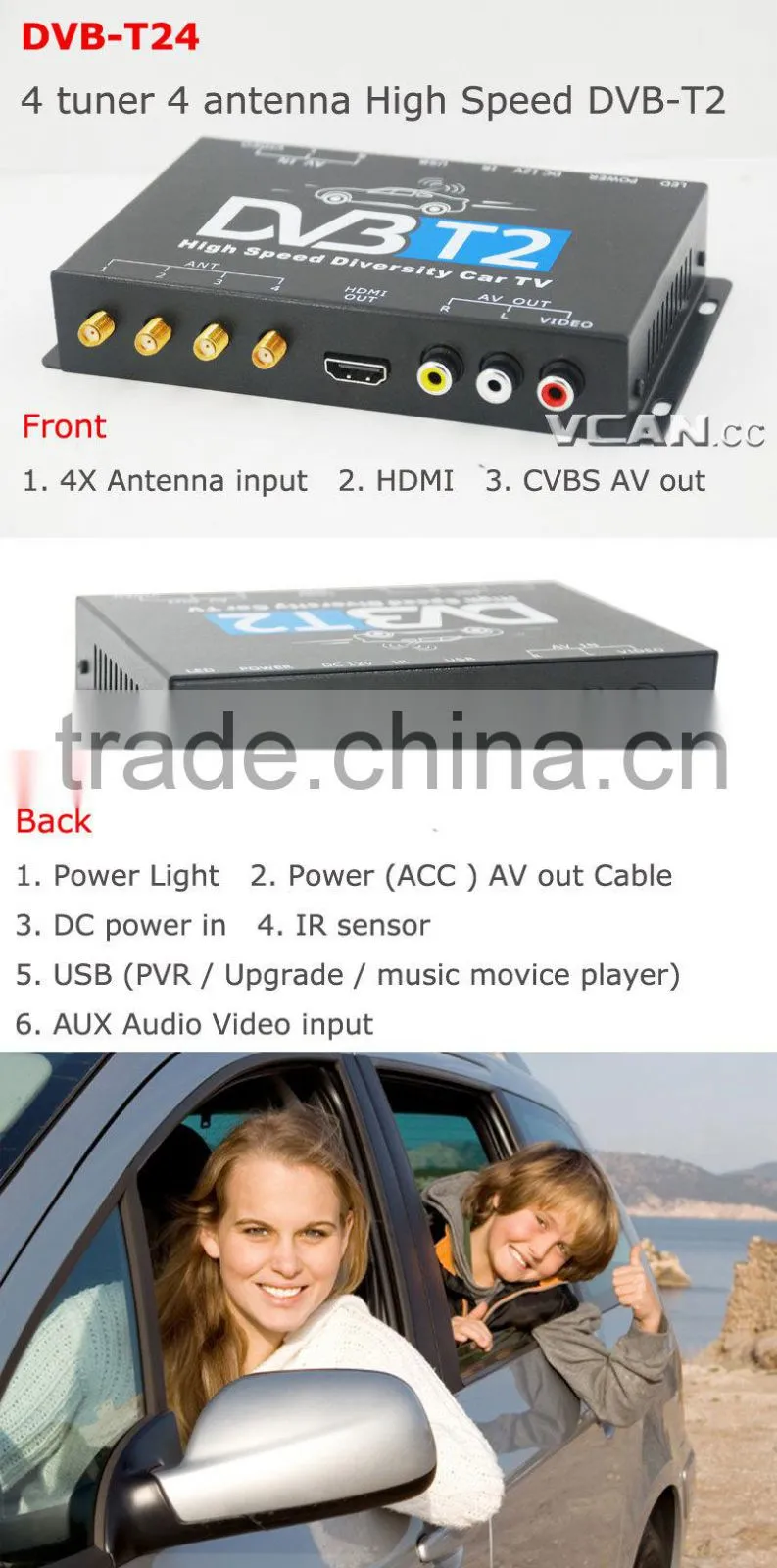 DVB-T24 hd Car DVB-T2 MPEG4 digital Set top box 4 Tuner 4 Antenna USB High Speed