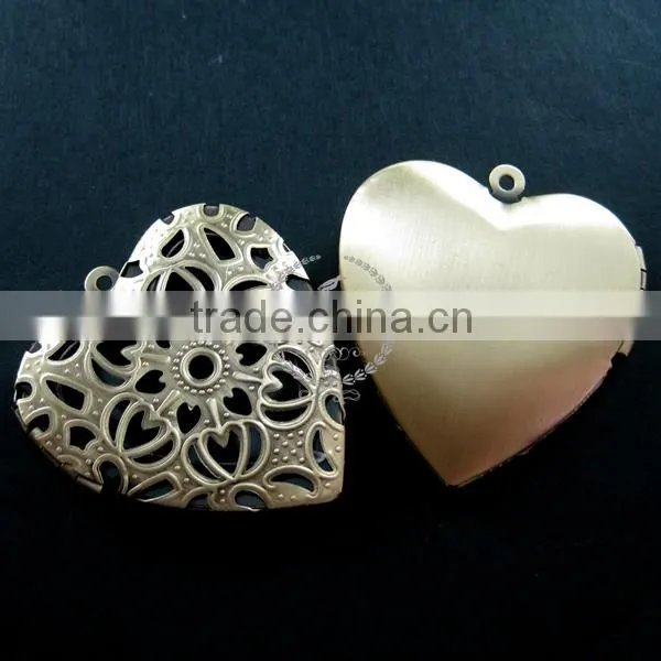 39mm big filigree heart shape vintage style antiqued bronze flower photo locket DIY pendant charm jewelry supplies 1131051
