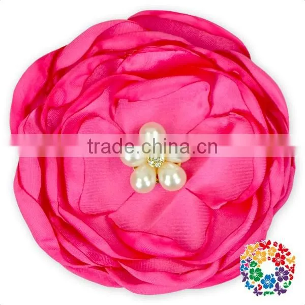 pink pearl rhinestone center handmade satin ribbon fabric flower