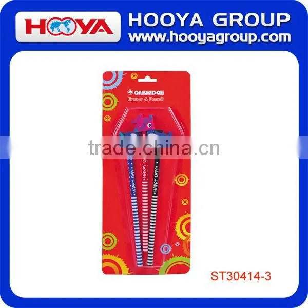 Lovely poplar wood Round School HB Pencil with Eraser of Animal Shape 3pcs/blister card