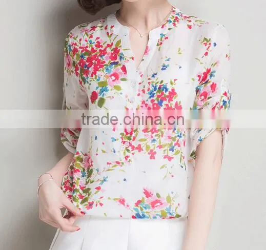 Vintage Floral printed chiffon lady shirts woman casual shirts