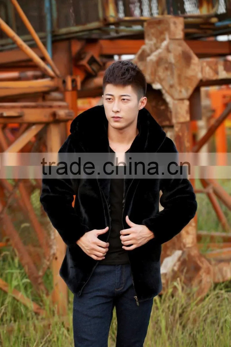 Mens Black Faux Mink Fur Overcoat Hooded Men Faux Fur Coats Warm Winter Jackets Plus Size New