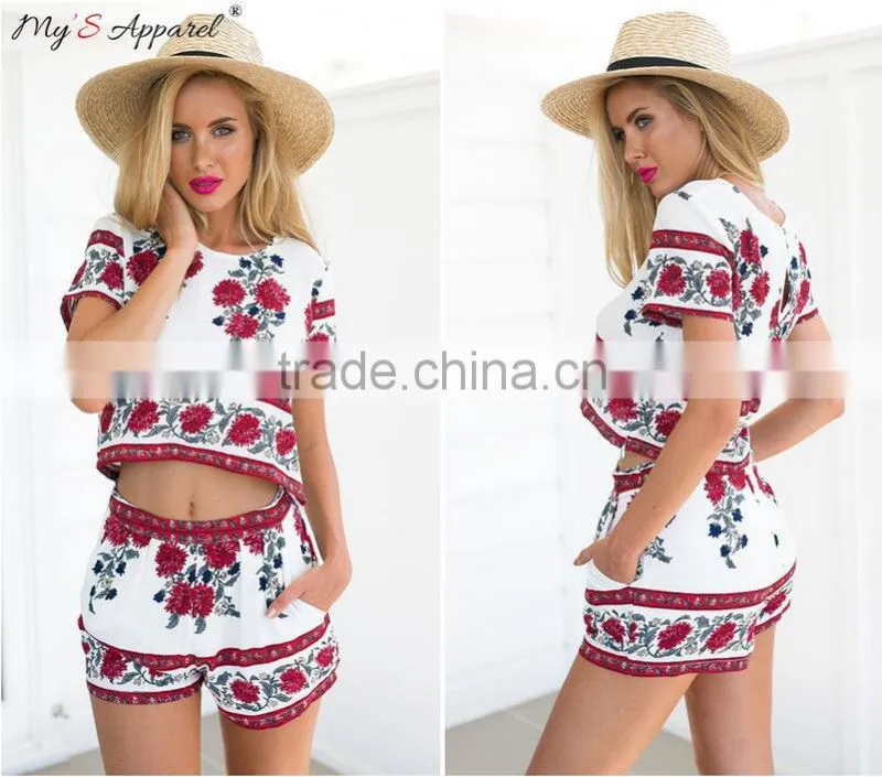 2016 walson new designer fanshion dress women summer boho beach wear 2 pcs set crop top & pants