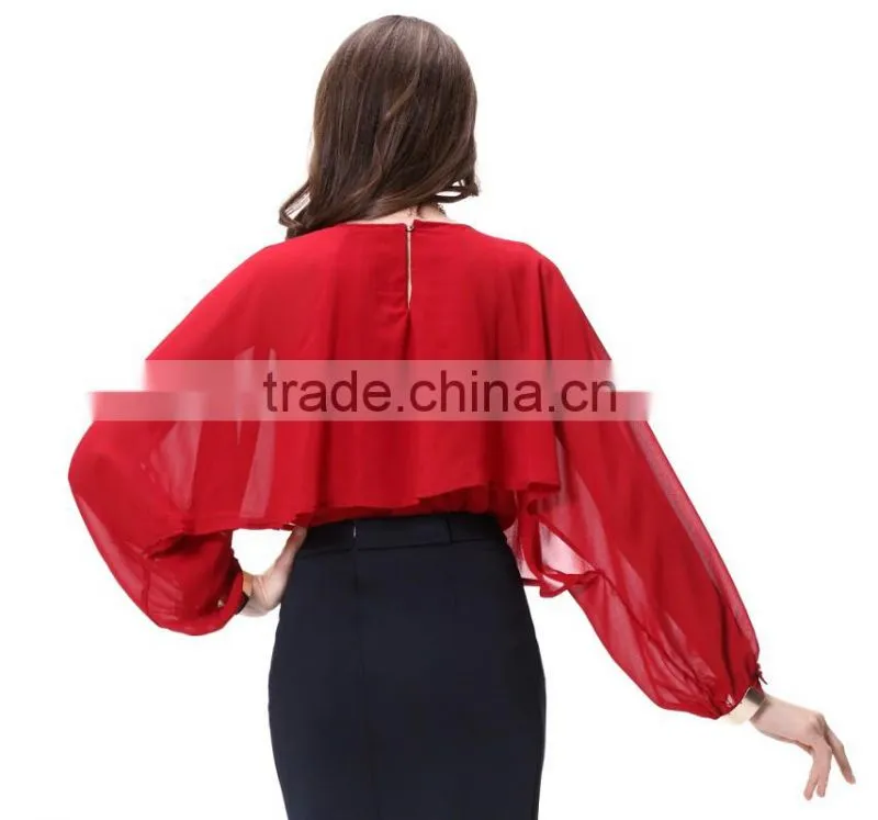 New Designed Crewneck Long Sleeve New Fashion Chiffon Blouse 2016