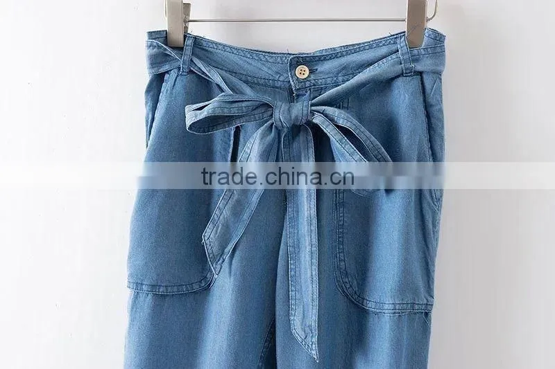 Hot Trendy Women High Waist Pockets Bow Sashes Denim Jeans Harem Pants Trousers