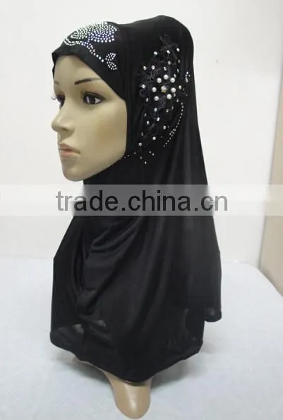 H299 latest one piece instant hijab with lace and rhinestones,muslim scarf
