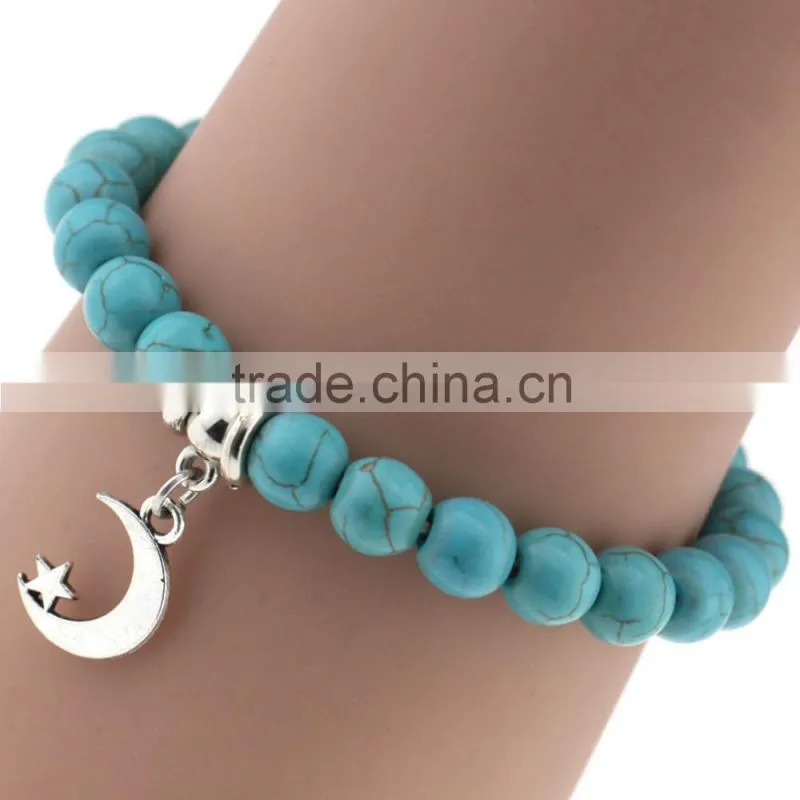 Wholesale Handmade Fashion Women Turquoise Popular Alloy Pendant Elasticity Bracelet