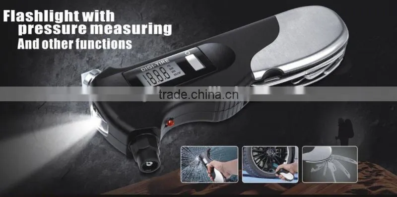 Multifunction LED Flashlihght Digital LCD Tire Gauge Car Tire Pressure Gauge With Emergency Tool
