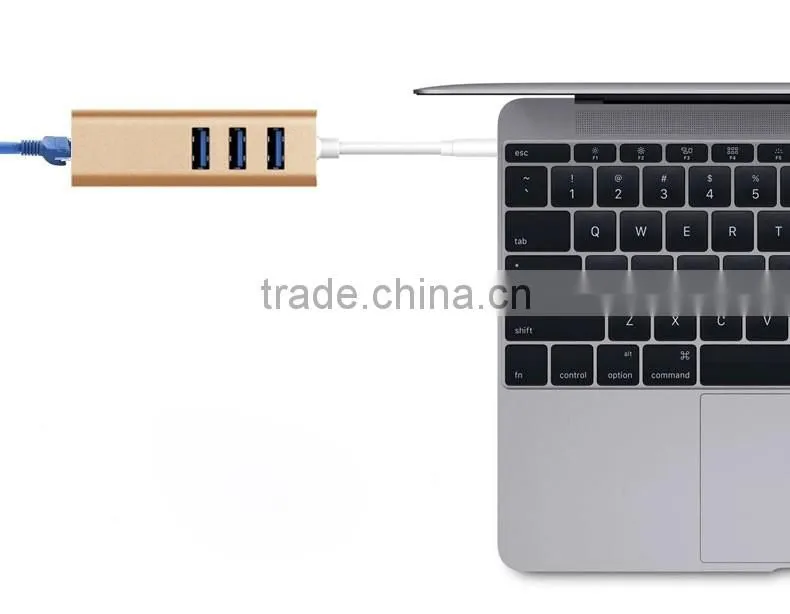Silver casing USB 3.1 USB-C to 3-Port USB 3.0 Hub with Ethernet Adapter