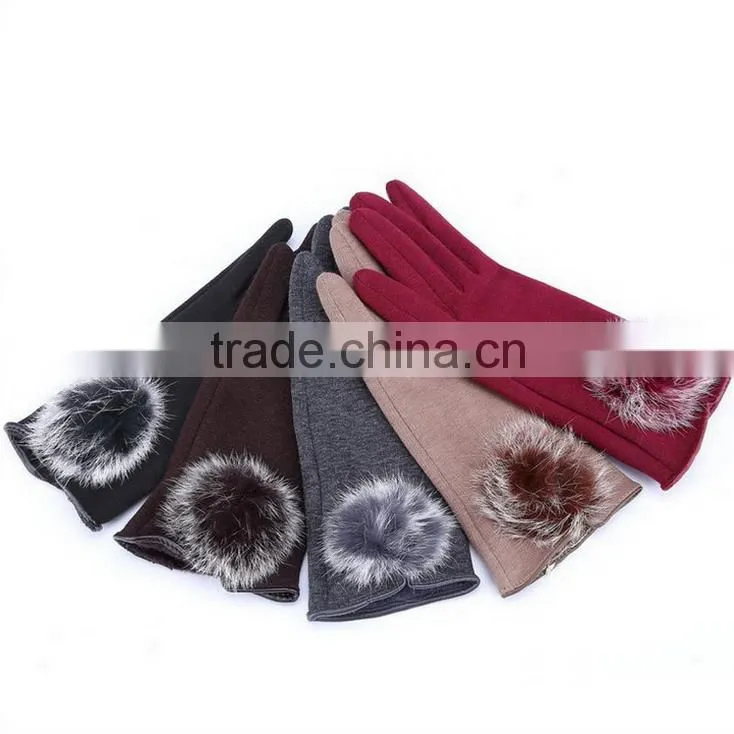 Wholesale Comfortable Winter Girls Rabbit Fur balls Cuff Thick Wool Gloves