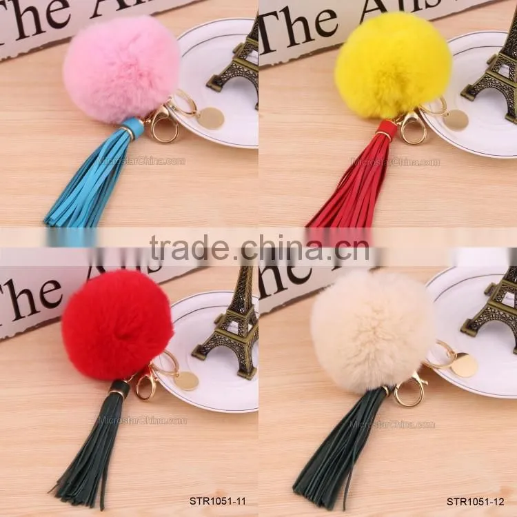 Custom Logo Genuine Leather Tassel Rabbit Fur Key Chain Pom Pom Fur Keychain
