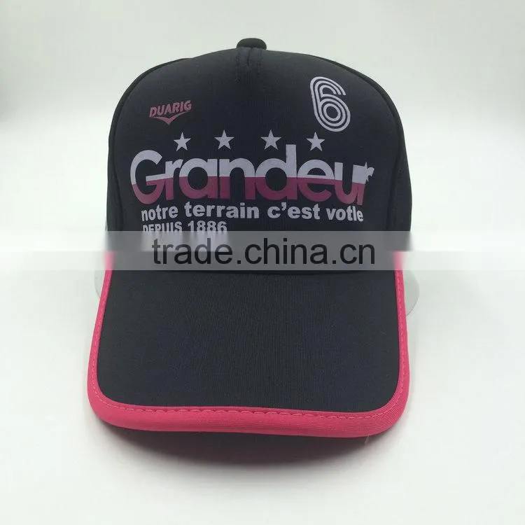 Cutomized rubber print black 5 panel baseball sports cap