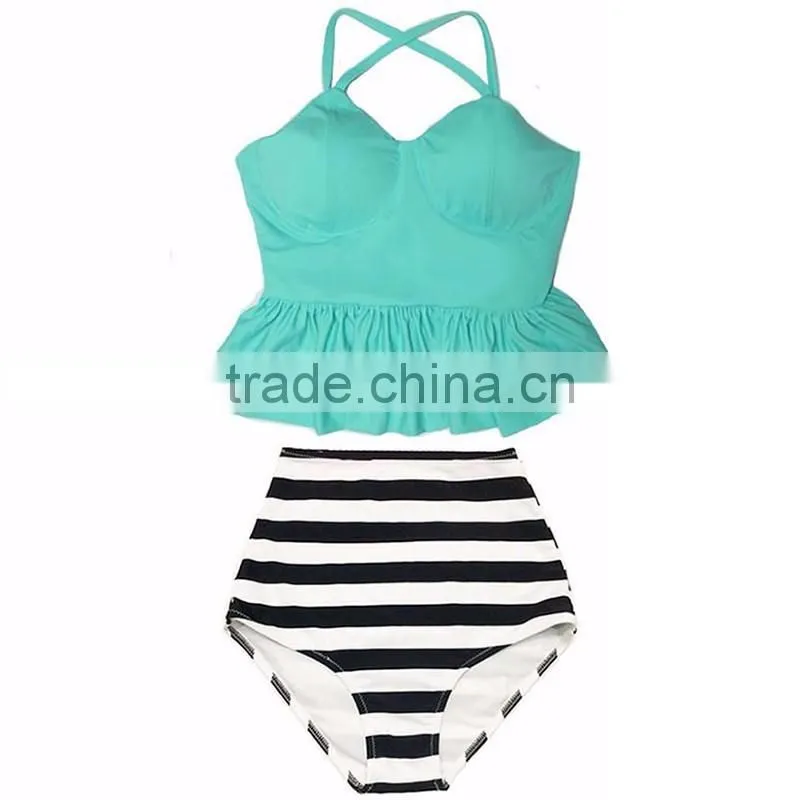 2016 New arrival two piece of custom made top quality retro high waist bikini set