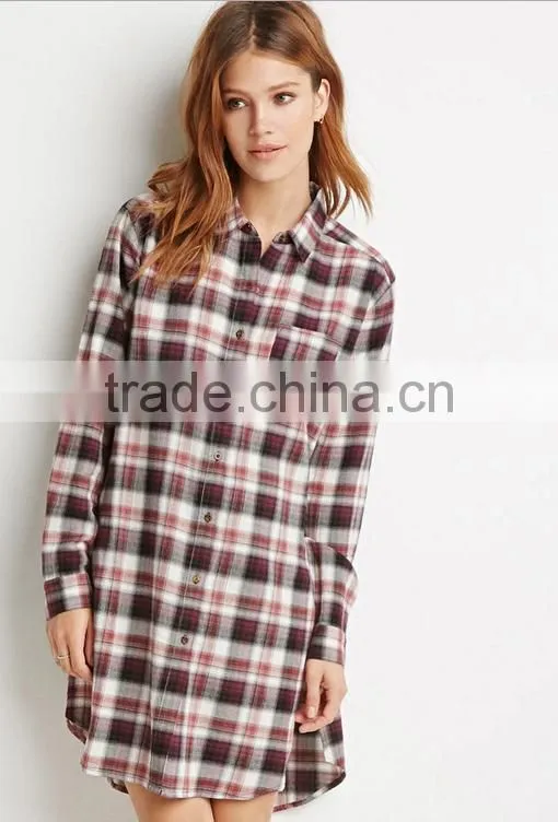 new style woman plaid shirt slim fit ladies extra long shirt flannel shirt