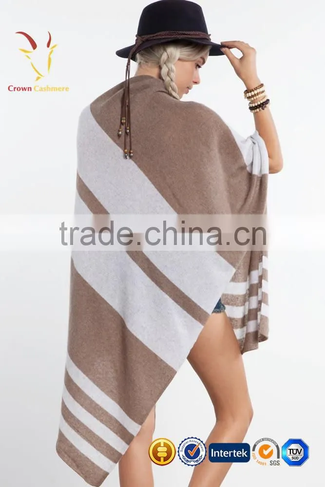 Cashmere Wool Knitted Poncho Shawls with Buttons Stripe Color Block Shawl