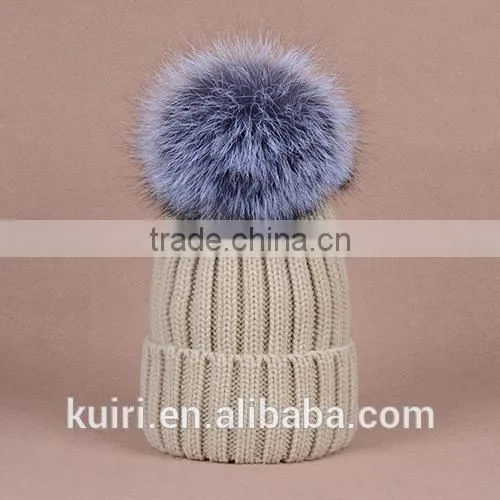 knitted hat with snap silver fox fur ball on top