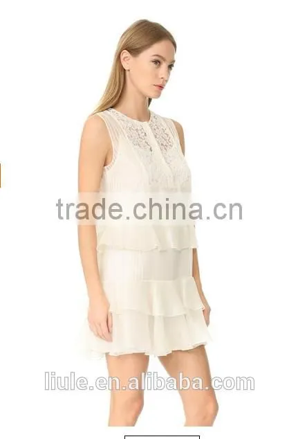 Latest Summer chiffon casual short dress with the floral lace and ruffled tiers sleevelesss elegant dress