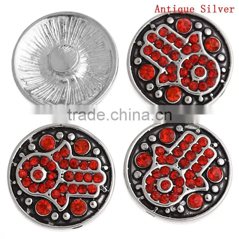 Round Antique Silver Red Rhinestone Hamsa Symbol Hands Carved Snap Button