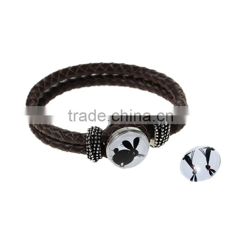 18mm Resin Fit Snap Button Bracelets Round Silver Tone At Random Rabbit Pattern , Knob Size: 5.5mm