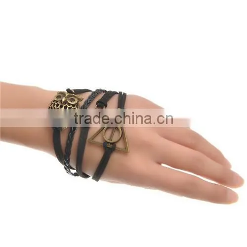 Velvet Braiding Bracelets Black W/Antique Bronze Infinity Symbol & Owl & Triangle Findings Halloween Ornaments 19cm