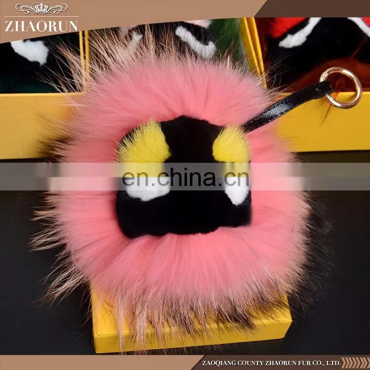 2016 High Quality emoji keychain fox fur key chain dyed color fur balls keychain