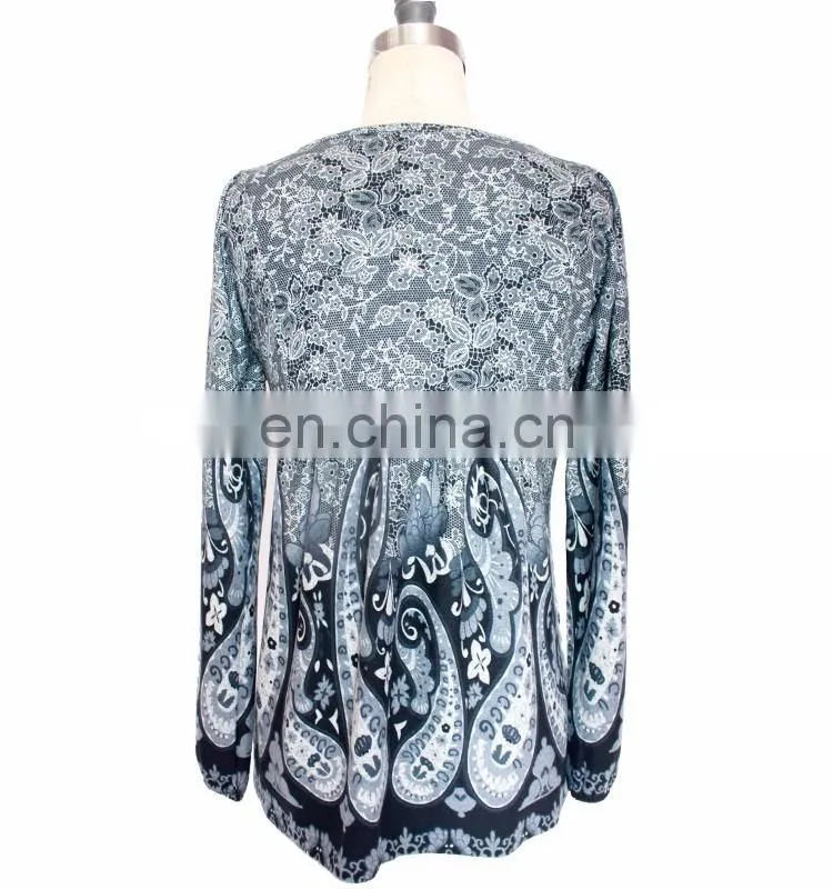 Stock Exotic Embroidery Long Sleeve Blouse Ethnic Paisley Printed Women Top