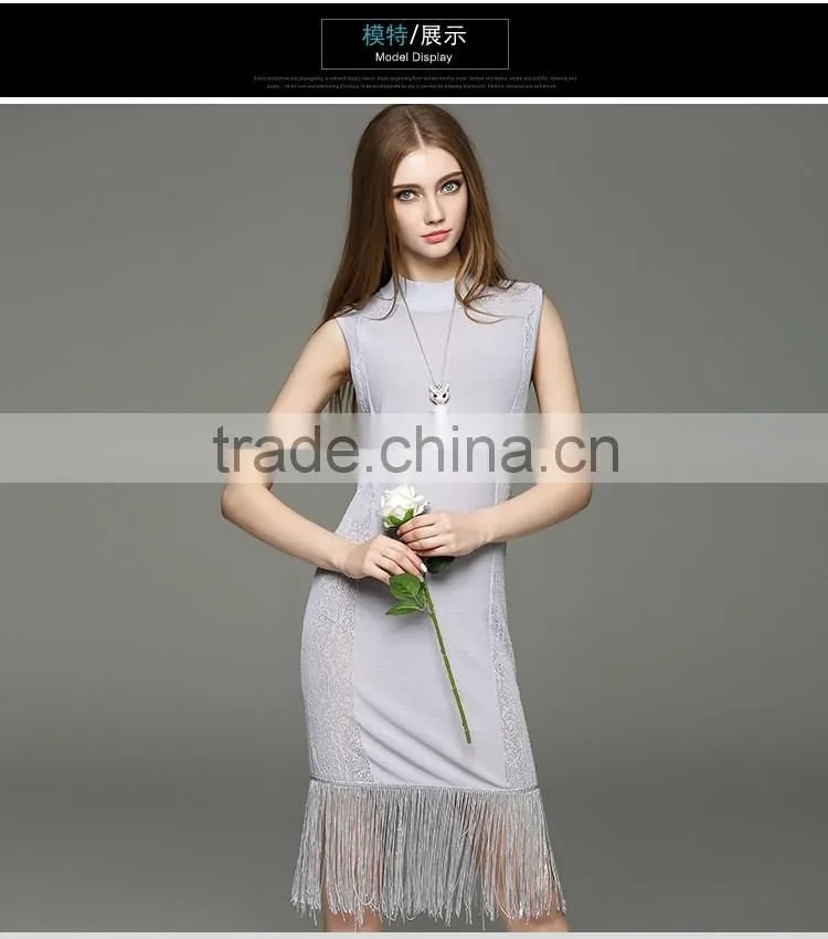 2017 hot new women hollow knit dress sleeveless slim hip long dress with tassel