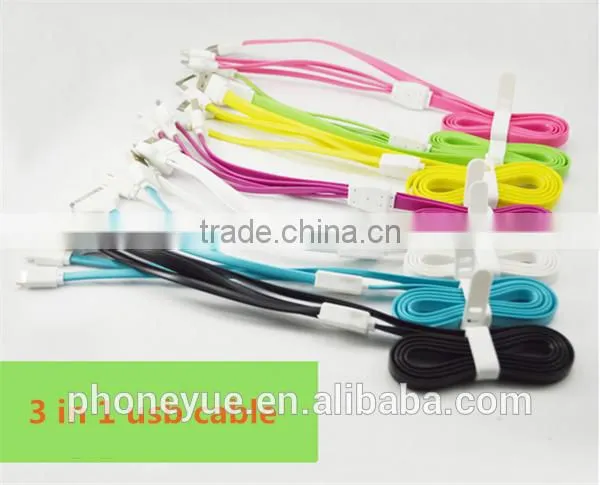 colorful flat 1.2m 3 in1 charging usb cable for iphone and for samsung