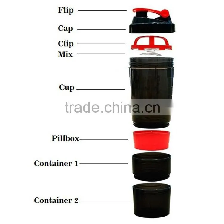 3 in 1 Sports Shake Bottle,BPA Free plastic Protein Powder Shake Bottles with Storage Compartment / Pill Box