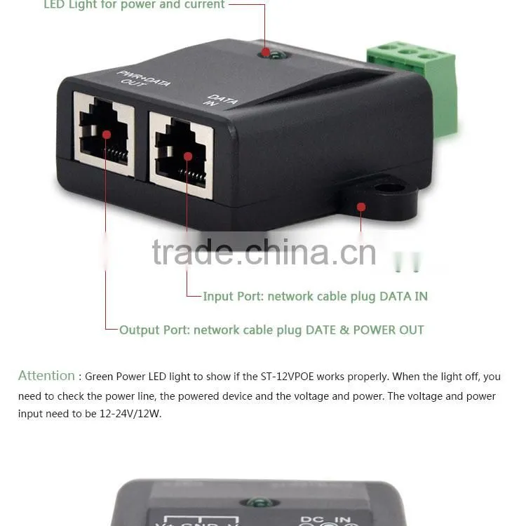 Factory Price 10/100M 2 Port 802.3af DC12-18v output POE injector