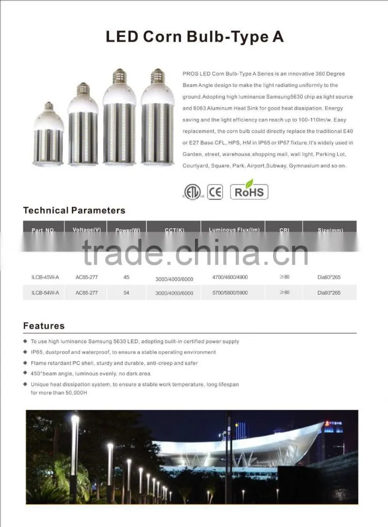3years warranty E40 led lamp 360 degree led corn light 27w 36w 45w 54w