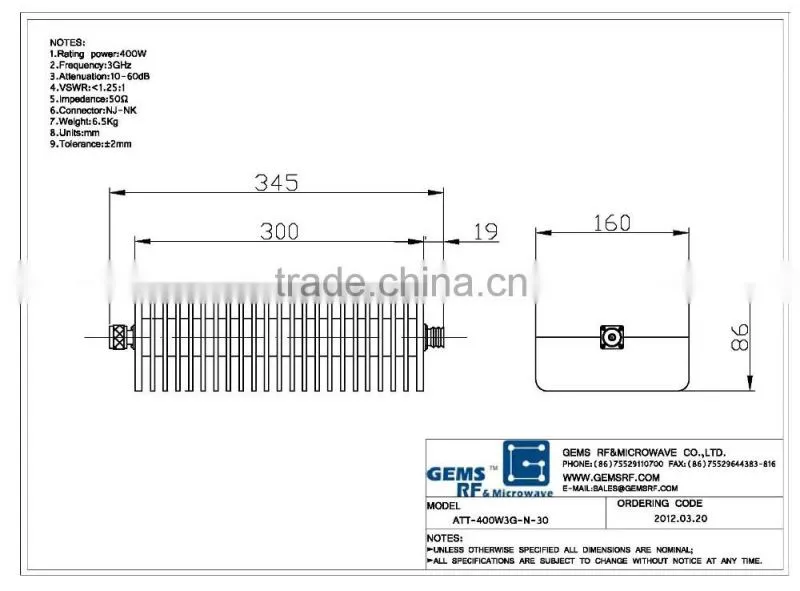 400W high-power RF coaxial attenuator DC-3GHz