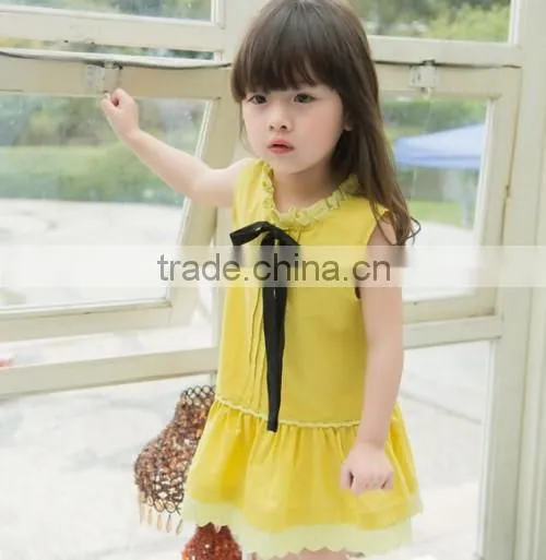 Yellow Tie Girls Dress Cotton Soild Color Girls Dress