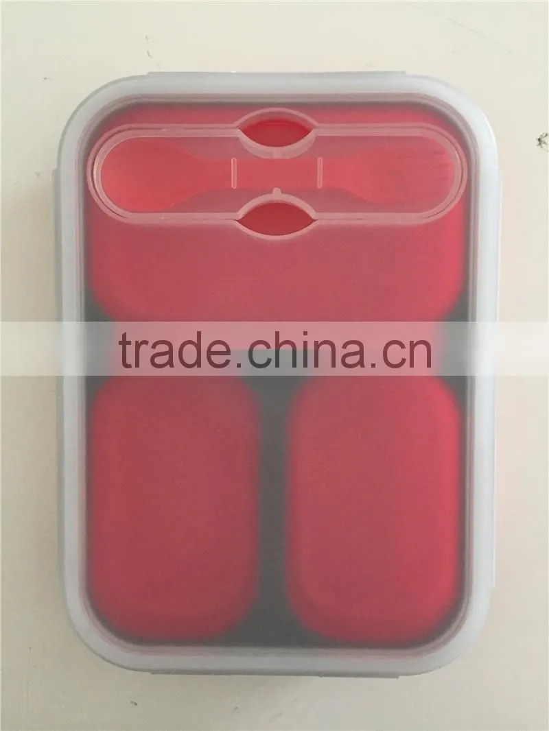 Collapsible silicone lunch box with serving tool/square shape foldable silicone lunch box