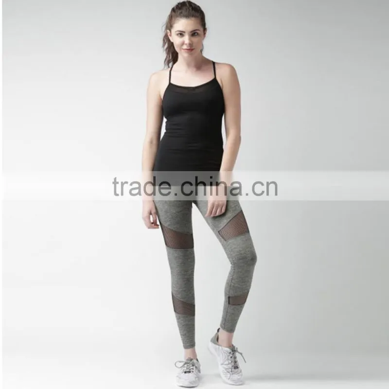 Women Wearing Grey Melange Net Panelled Tights Seamless Yoga Pants
