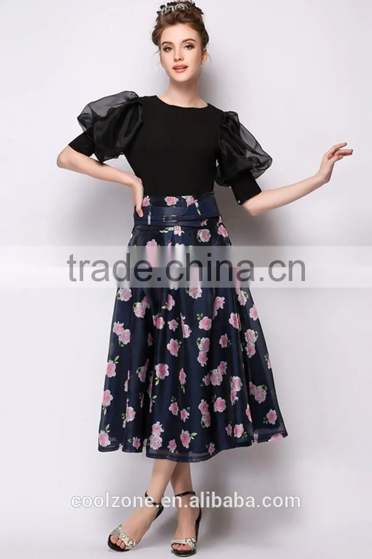 100% Polyester Sweet Floral Midi A-Line Bubble Skirt