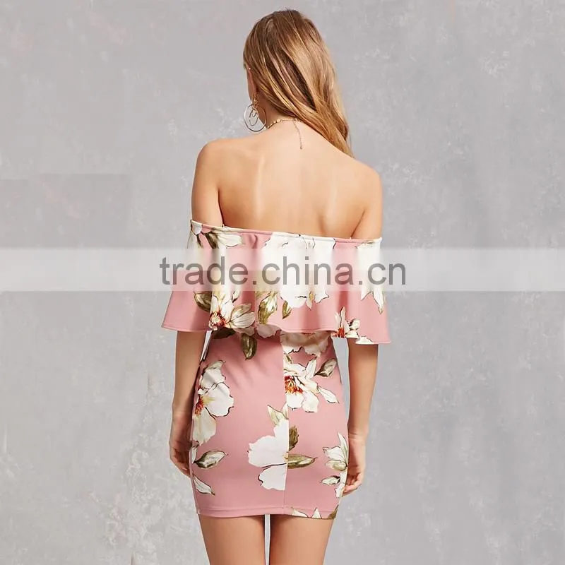 2017 splited neck and off-shoulder women printed sexy bandage dress