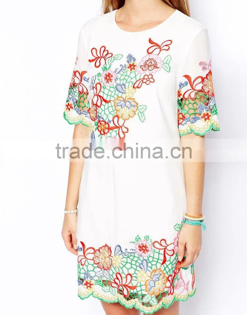 ladies short sleeve hollow out crochet dress wholesale tunic embroidered yarn dress DH0712