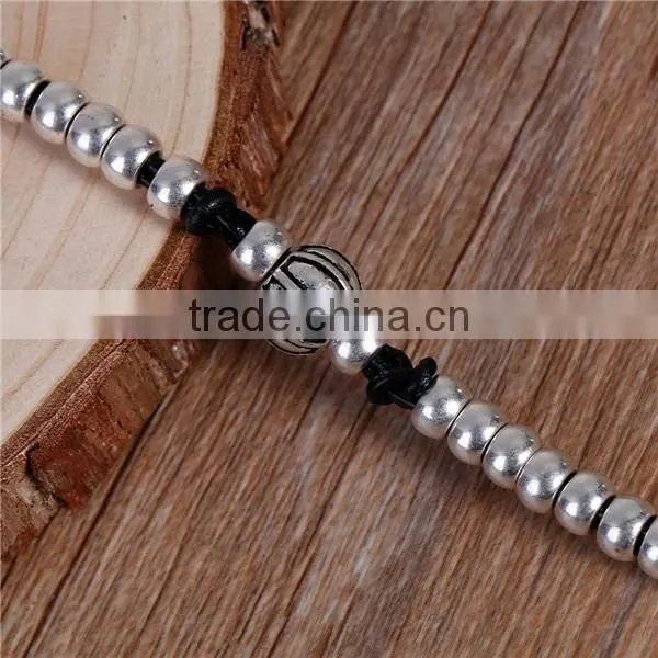 Wax Rope Hand Made Beaded Bracelets Antique Silver Black Halloween Pumpkin Round 21cm long