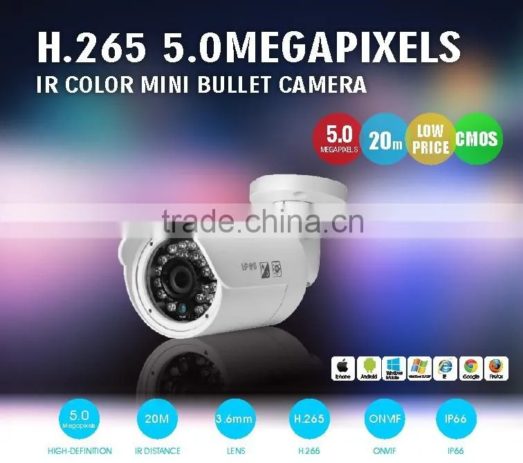 H.265 High Performance Low Pries 3.6mm Lens 5MP Color IR IP Mini Bullet CCTV Camera