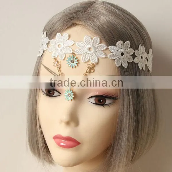 Gothic Handmade Bride Princess Wide Lace Flowers Head Wrap Hairband