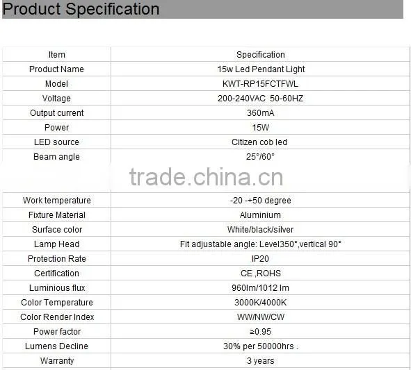Different Degree New Design 15W CITIZEN COB LED Pendant Light
