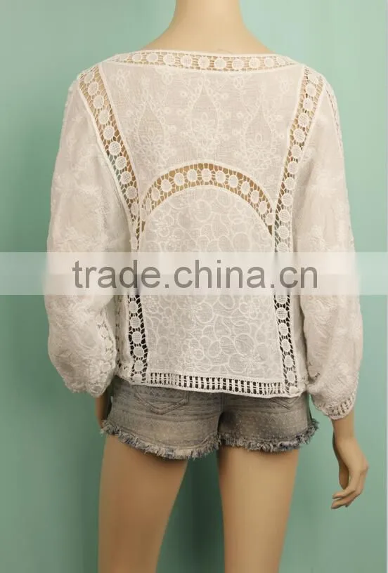 2016 S/A Visible fashionable design ladies knitted crochet 100% cotton blouse